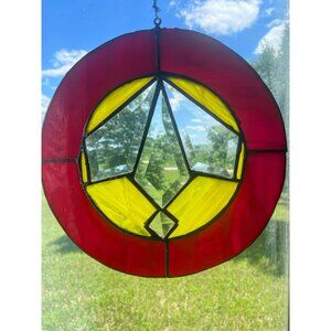 Antique Arts & Crafts Era Round Leaded Beveled Stain Glass Panel Some Damage
